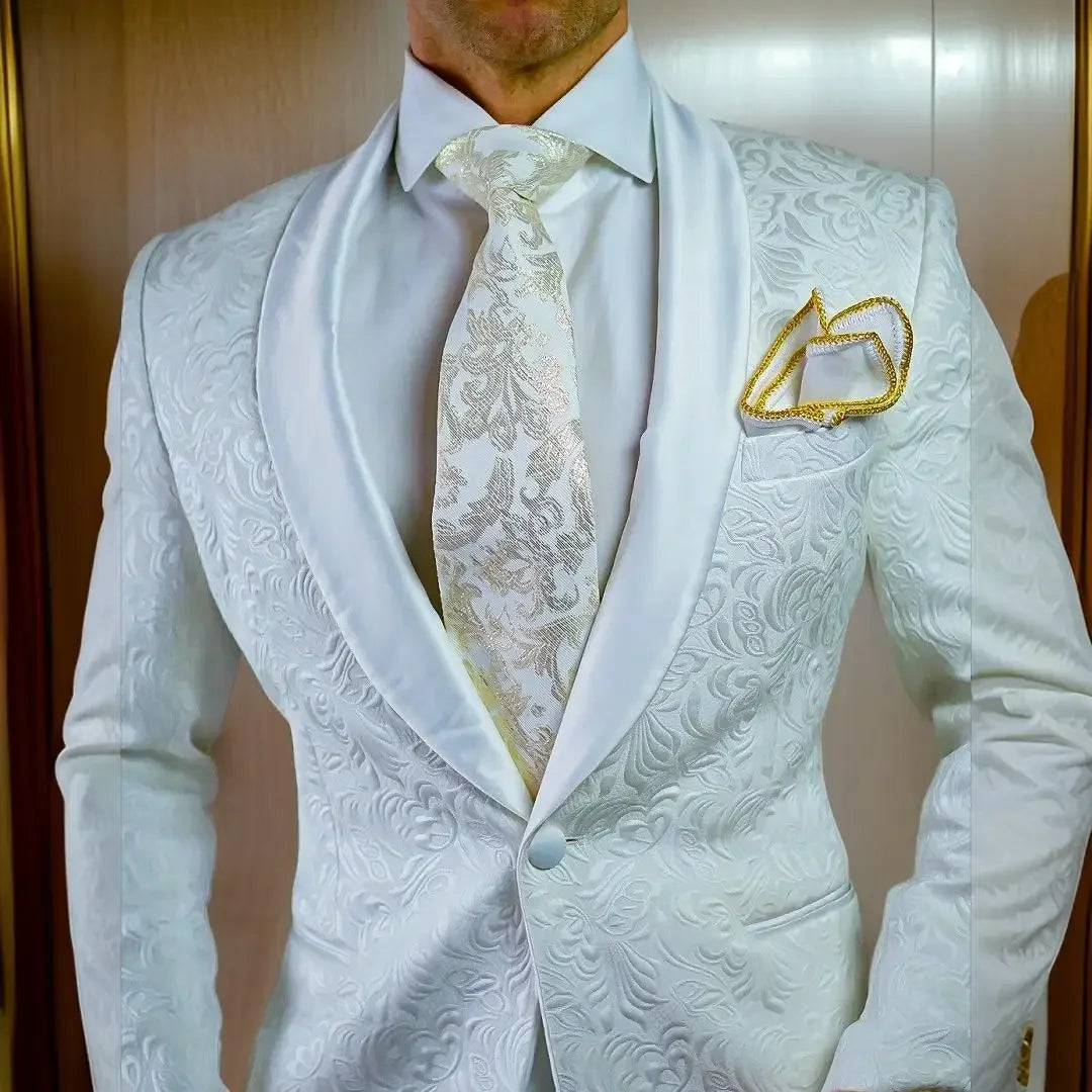 Braxford Men’s White Jacquard Shawl Lapel Blazer – Slim Fit Wedding Evening Tuxedo Jacket