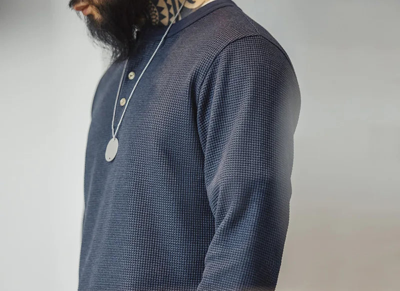 Hadley Men’s Waffle Knit Henley Top – Navy Long Sleeve Waffle T-Shirt Style Button Neck Casual Layering Top
