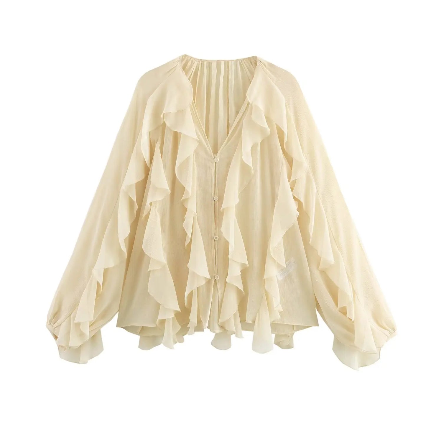 Senara Flared Ruffle Blouse – Feminine V-Neck Shirt in Claret, Green, Cream & Black