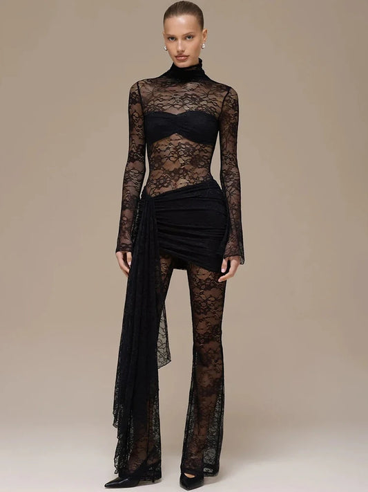 Vionara Lace Sheer Jumpsuit with Draped Wrap Detail – Long Sleeve Mesh Eveningwear for Party & Occasion Outfits