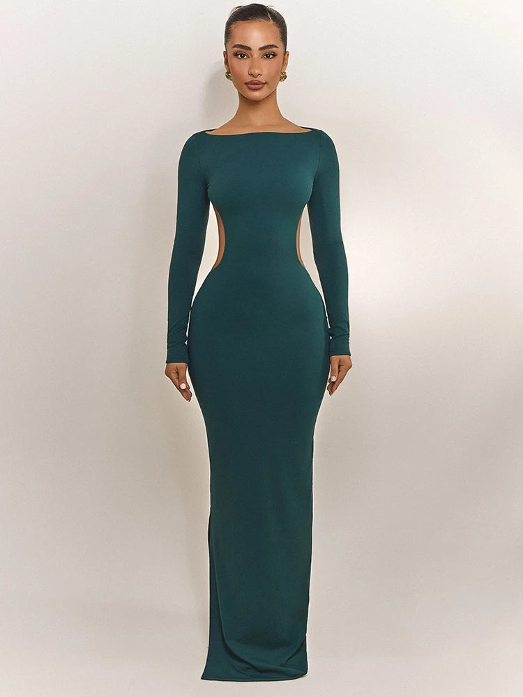 Naevia Long Sleeve Backless Maxi Dress – Open Back Bodycon Evening Gown with Bow Detail
