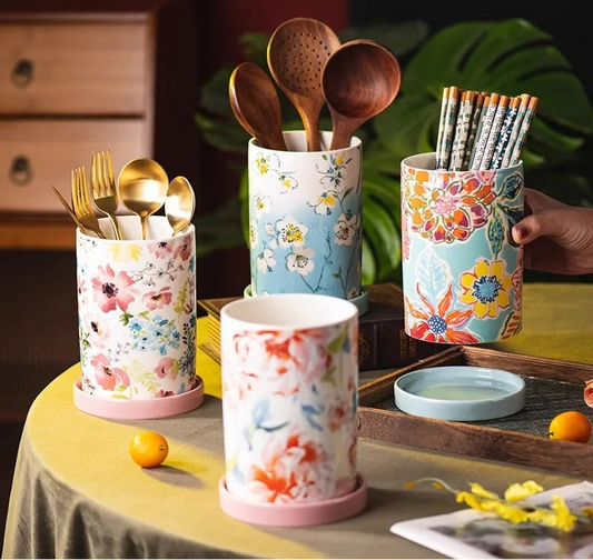 Florielle Ceramic Utensil Holder – Floral Kitchen Storage Jar with Removable Base Tray for Cutlery, Spoons and Countertop Organisation