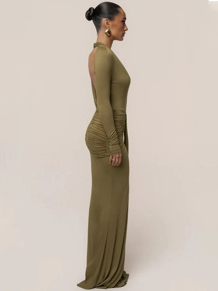 Virelia Plunge Neck Maxi Dress – Ruched Open Back Occasion Dress