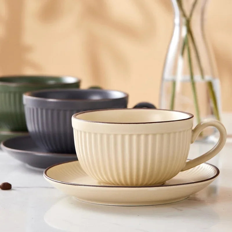 Ribbed Ceramic Tea and Coffee Cup and Saucer Set – Textured Cup with Handle, Modern Kitchen Drinkware