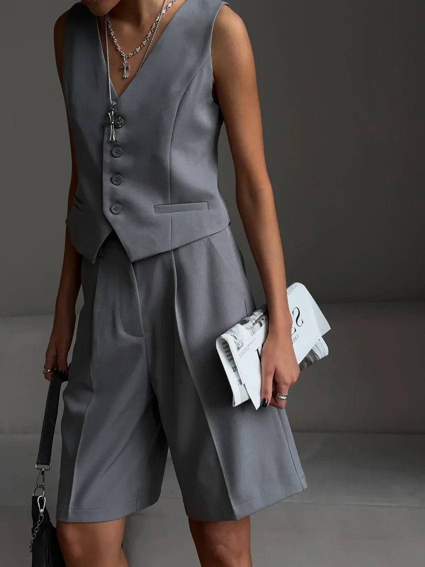 Averna Sleeveless Waistcoat and Bermuda Short Co-Ord Set – White, Charcoal Grey or Black Tailored Two-Piece for Women