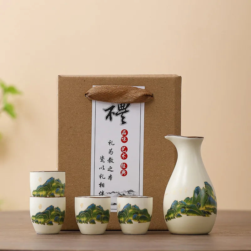 Sakura Blossom Ceramic Sake Gift Set – 5 Piece Sake Carafe and Cup Set