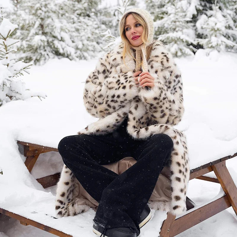 Avalisse Longline Plush Faux Fur Coat – Women’s Luxury Snow Leopard Winter Coat for Daywear, Evening & Occasion Outfits