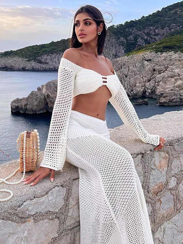 Seraya Crochet 2 Piece Maxi Skirt Set – Long Sleeve Cut Out Top Backless Beach Club Outfit & Swimwear Cover Up