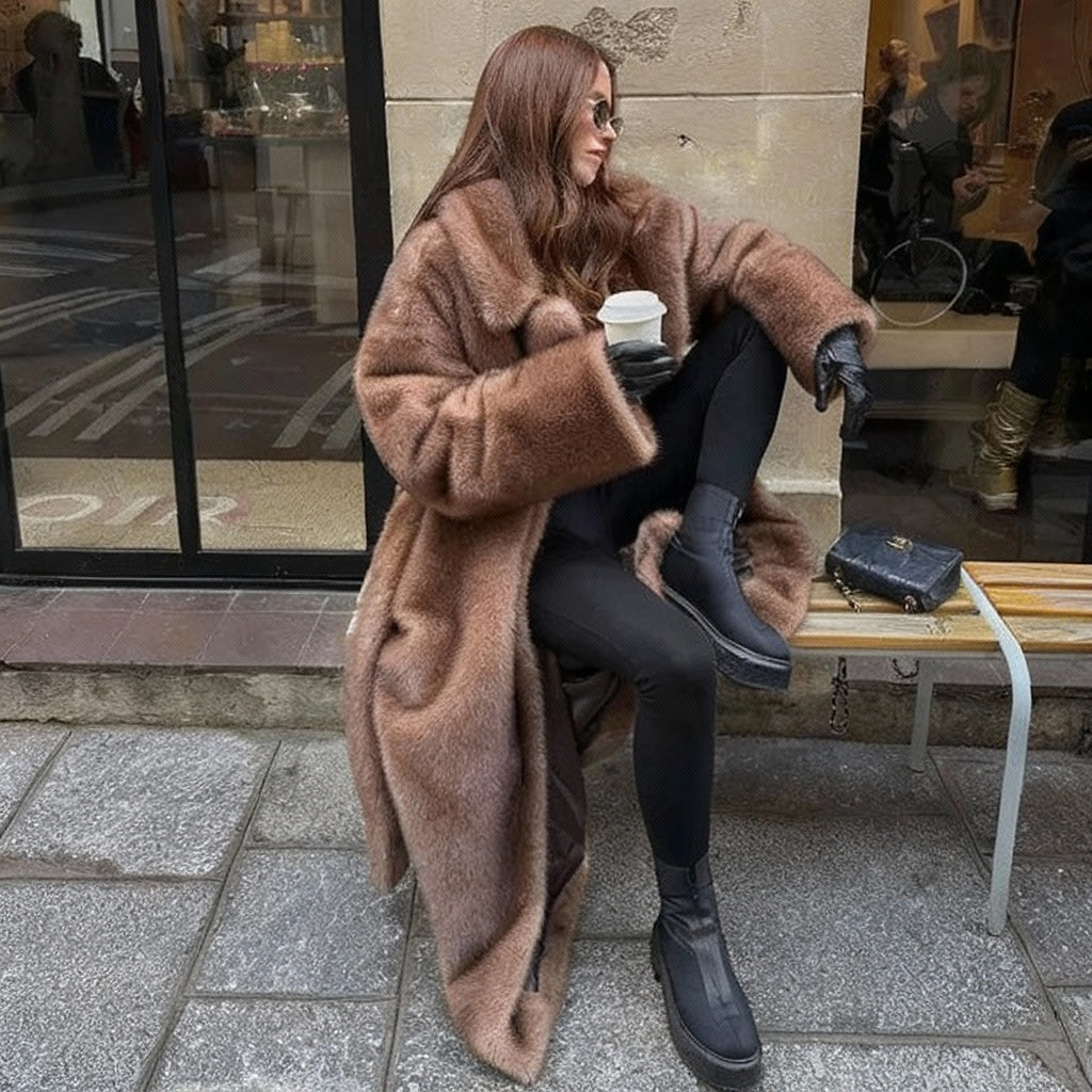 Brunelle Long Plush Faux Fur Belted Coat – Women’s Luxury Winter Faux Mink Jacket in Mocha Mink & Ivory Mink