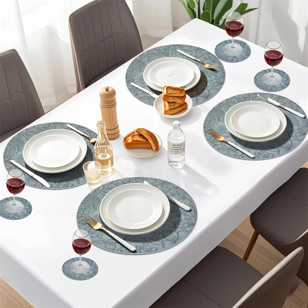 Botanical Round Dining Placemats – Faux Leather Floral Table Mats, Non Slip Wipe Clean Kitchen & Dining Table Mats