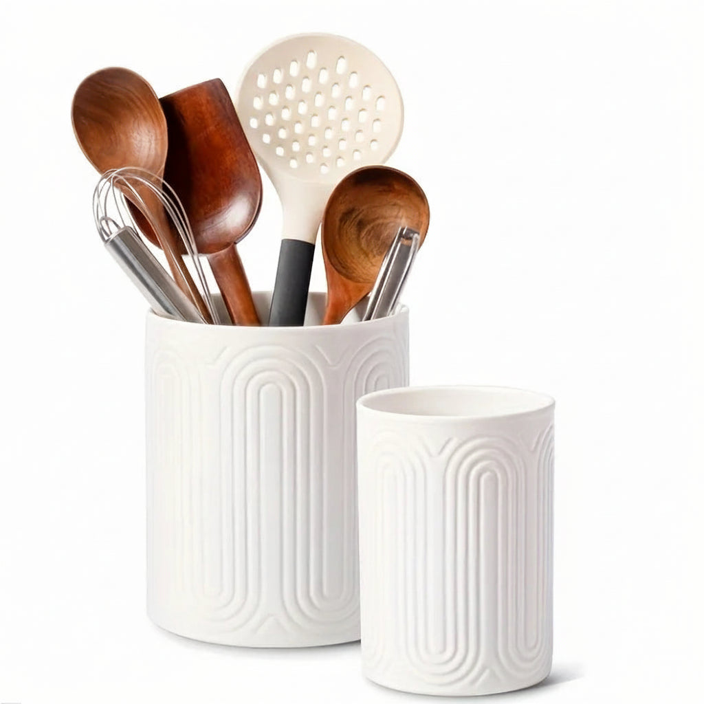 Linea Textured Ceramic Utensil Holder – Kitchen Counter Storage Jar