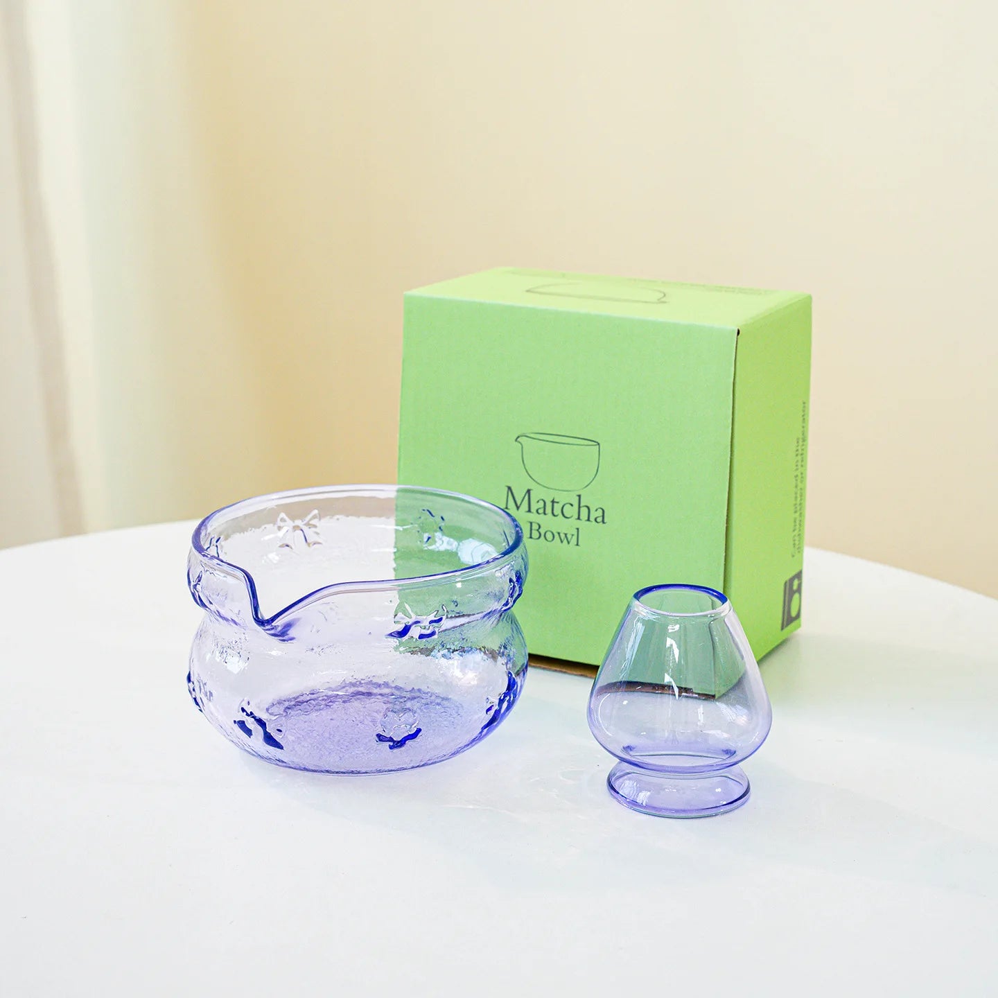 Akari Glass Matcha Tea Set – Pink & Purple Matcha Bowl Kit with Whisk, Scoop and Strainer, Complete Matcha Starter Gift Set