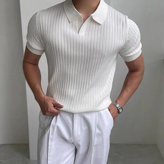 Men’s White Knitted Polo Shirt – Slim Fit Ribbed Short Sleeve Top