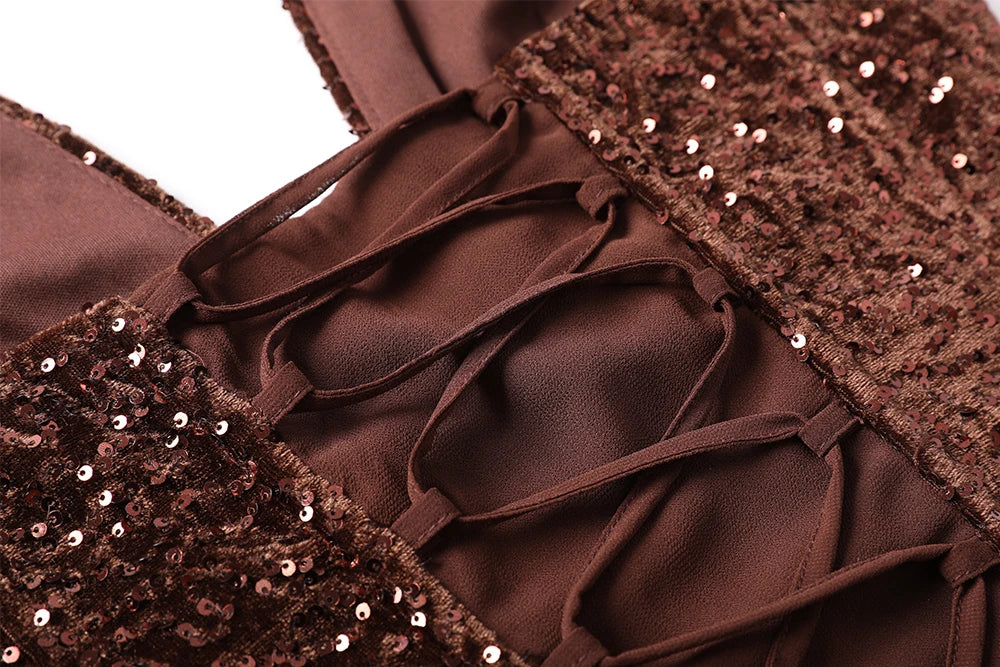 Virella Halter Neck Sequin Maxi Dress – Brown Evening Gown, Wedding Guest & Partywear Dress