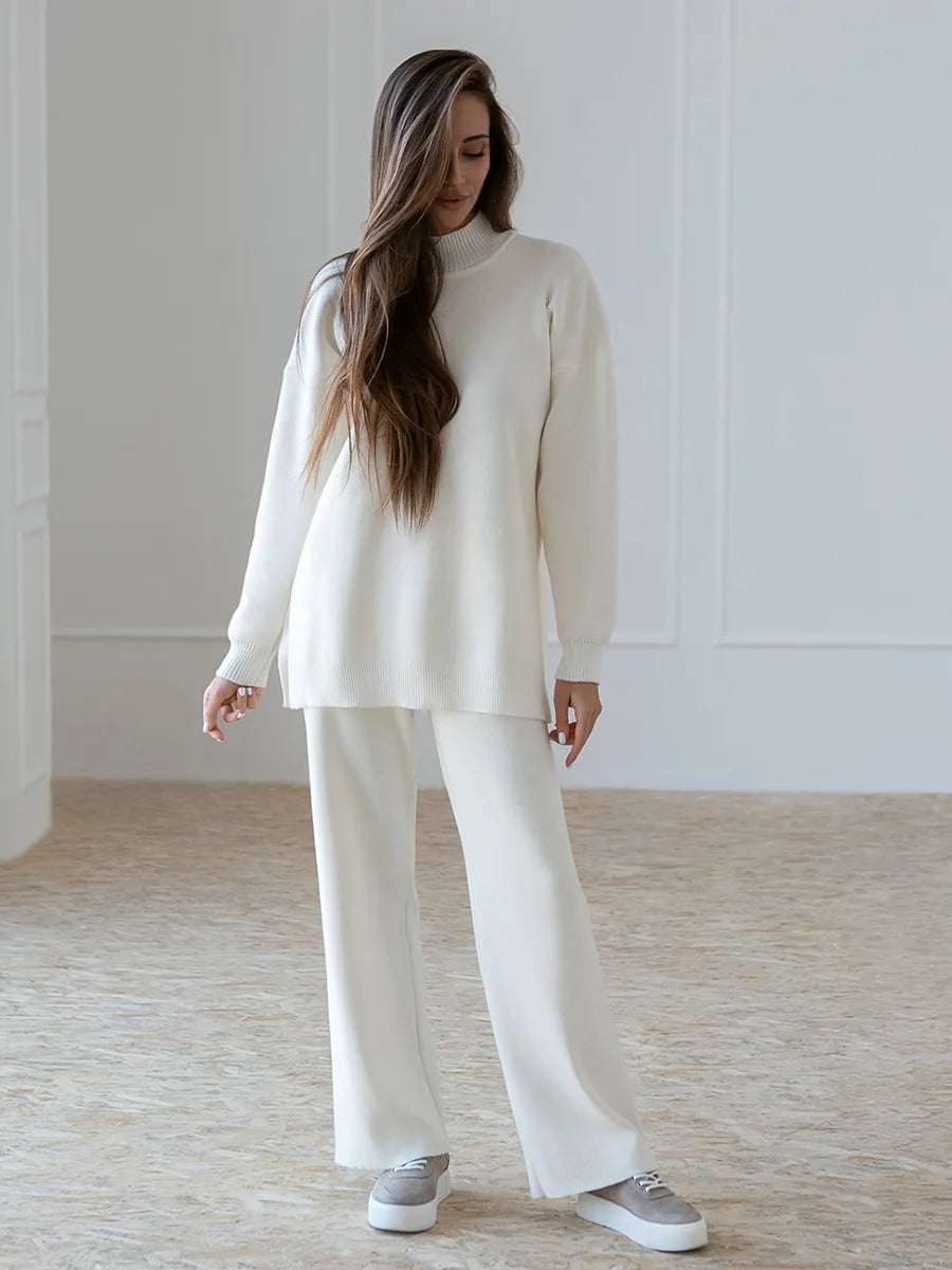 Zaneya Knit Co-Ord Lounge Set – Ribbed Turtle Neck Jumper and Wide Leg Trousers in Pink, White, Beige, Black or Green