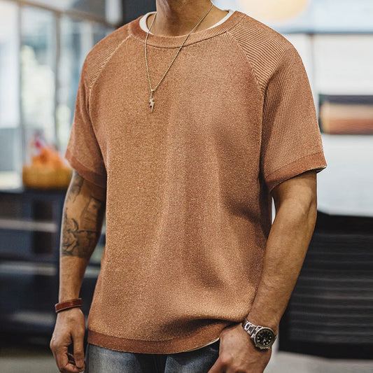 Men's Relaxed Fit Ribbed Knit Short Sleeve T-Shirt – Crew Neck Textured Mens Top for Casual Streetwear & Smart Layering