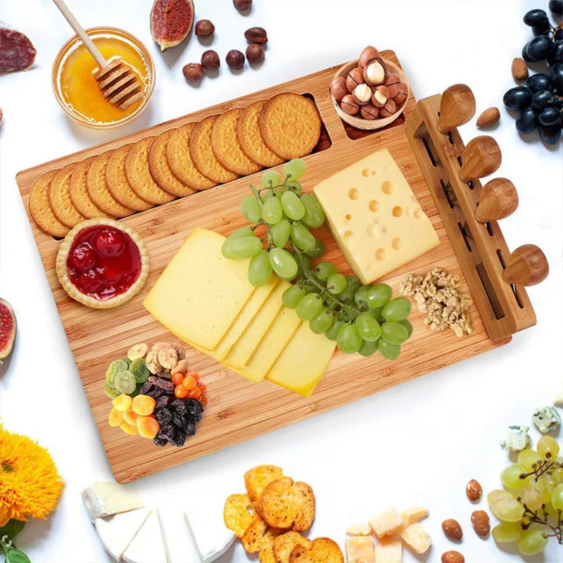 Bamboo Cheese Board with 4 Cheese Knives – Large Wooden Charcuterie Serving Board for Wine & Cheese Nights, Christmas Gifting & Party Hosting