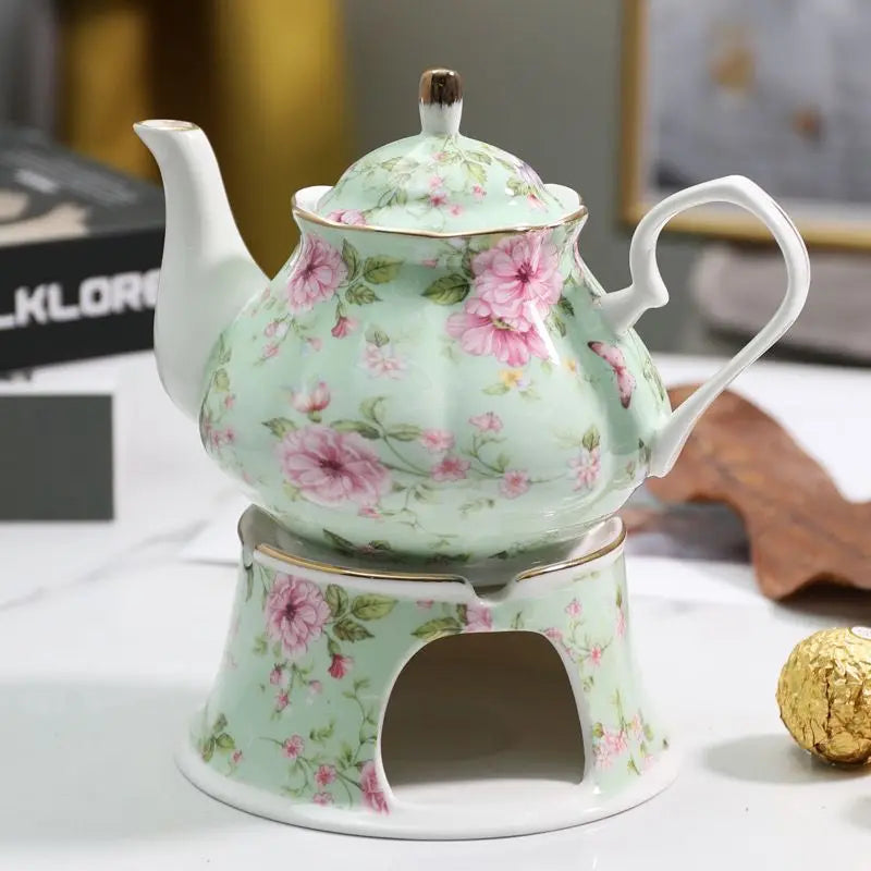 English Garden Ceramic Teapot with Candle Warmer – Vintage Floral Afternoon Tea Pot