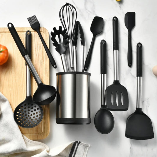12-Piece Rotating Kitchen Utensil Set – Heat-Resistant Silicone & Stainless Steel Cooking Tools with Holder