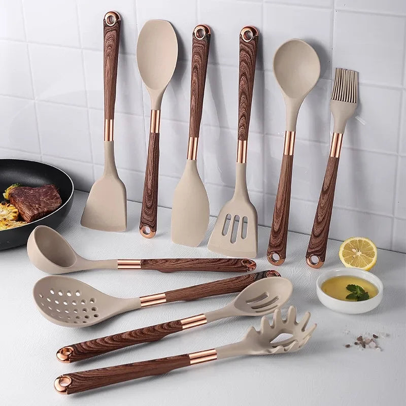 11-Piece Silicone & Wooden Kitchen Utensil Set with Holder – Heat Resistant Cooking Tools
