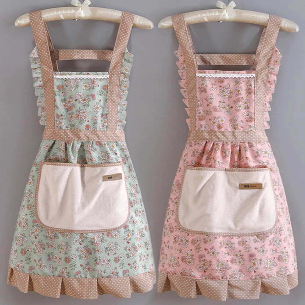Floral Ruffle Kitchen Apron with Pocket – 1 Piece Adjustable Cooking & Baking Aprons for Women in Pink, Green Or Blue