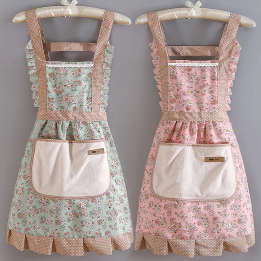 Floral Ruffle Kitchen Apron with Pocket – 1 Piece Adjustable Cooking & Baking Aprons for Women in Pink, Green Or Blue