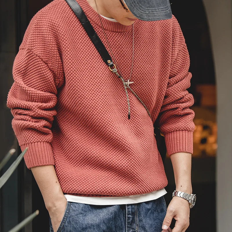 Caldrin Men’s Textured Crew Neck Jumper – Heavy Knit Pullover Sweater for Smart Casual Wear