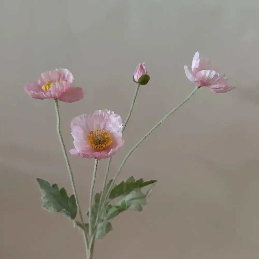 Meadow Poppy Stem Bundle – Silk Poppy Flower Stem with 3 Blooms and 1 Bud for Vase Arrangements and Home Styling