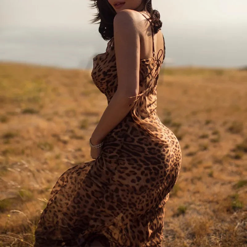 Savara Leopard Print Cowl Neck Maxi Dress – Backless Spaghetti Strap Bodycon Gown