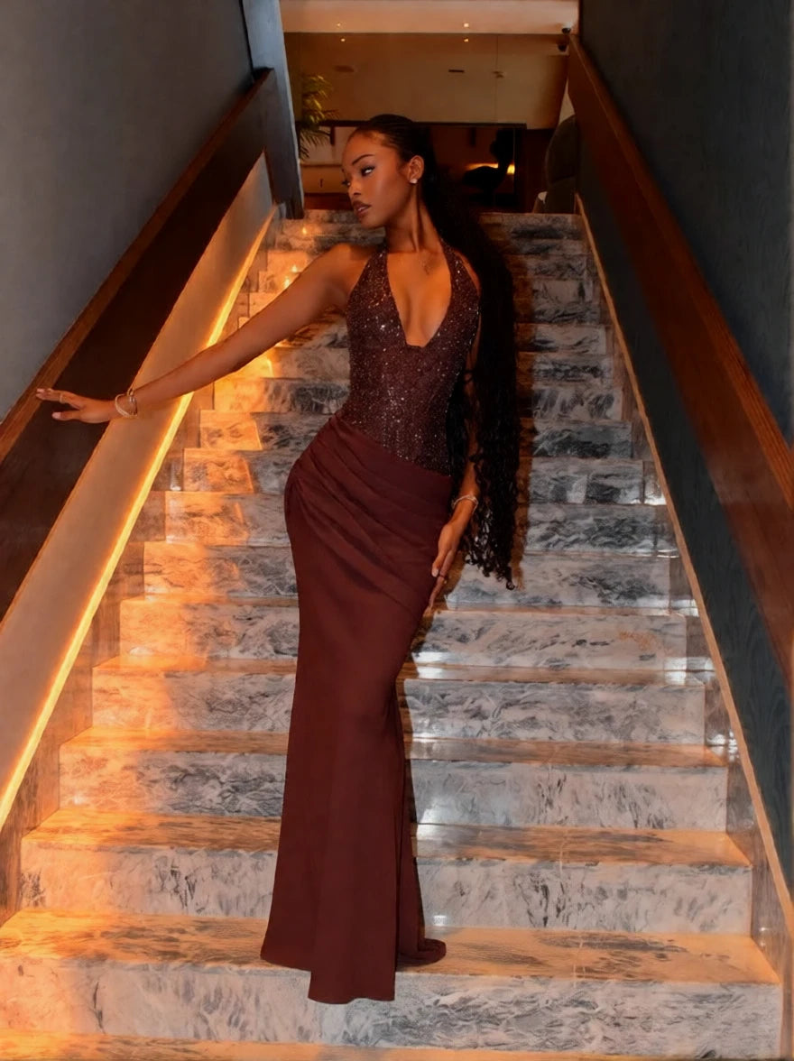 Virella Halter Neck Sequin Maxi Dress – Brown Evening Gown, Wedding Guest & Partywear Dress
