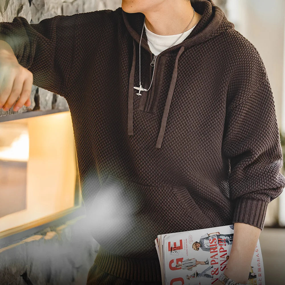 Calverton Zip Front Knit Hoodie – Men’s Textured Half-Zip Hooded Pullover Jumper