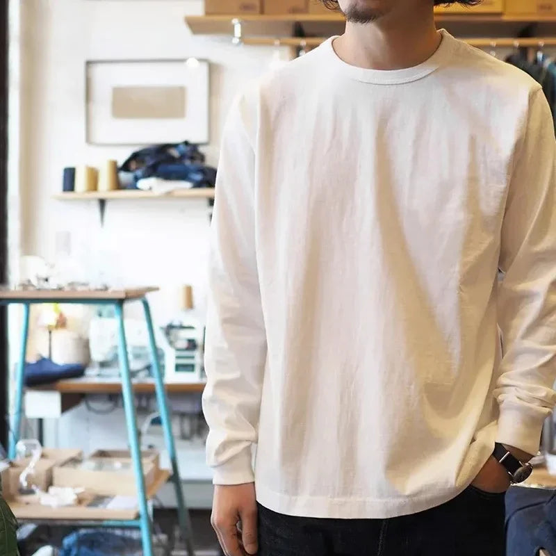 Structured Heavy Cotton Long Sleeve T-Shirt – Premium Fit Men’s Crew Neck Top