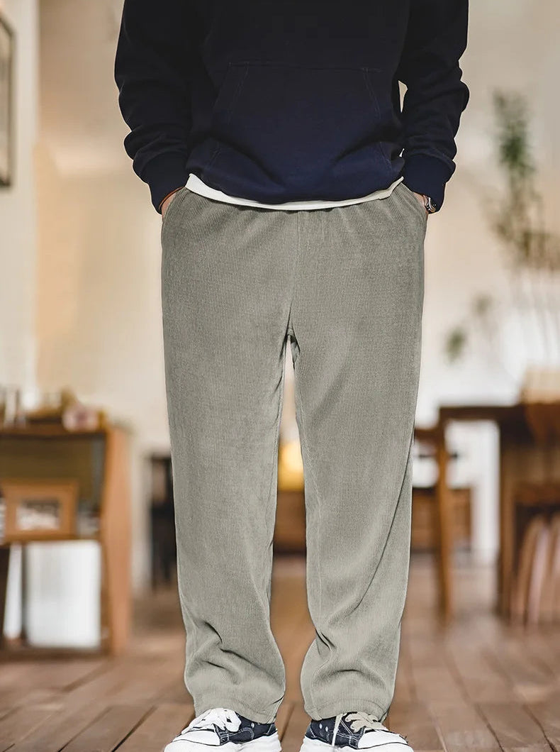 Rowan Men’s Straight Leg Corduroy Trousers – Relaxed Fit Elastic Waist Smart Casual Trousers