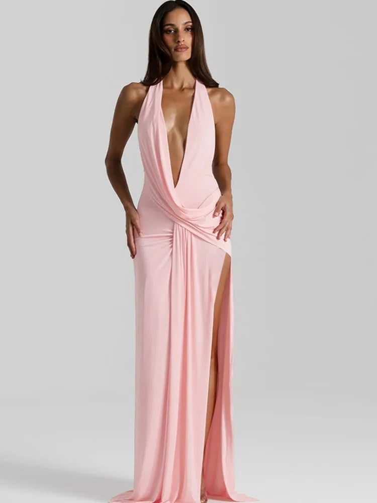 Serenelle Halter Neck Maxi Dress – Deep V Backless Evening Dress, Thigh Split Elegant Gown in Pink, Lemon & Black
