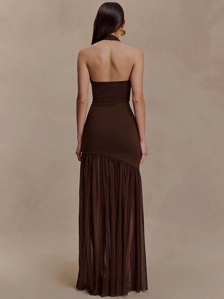 Maelisse Cut Out Halter Neck Maxi Dress – Elegant Evening Gown with Sheer Asymmetric Skirt