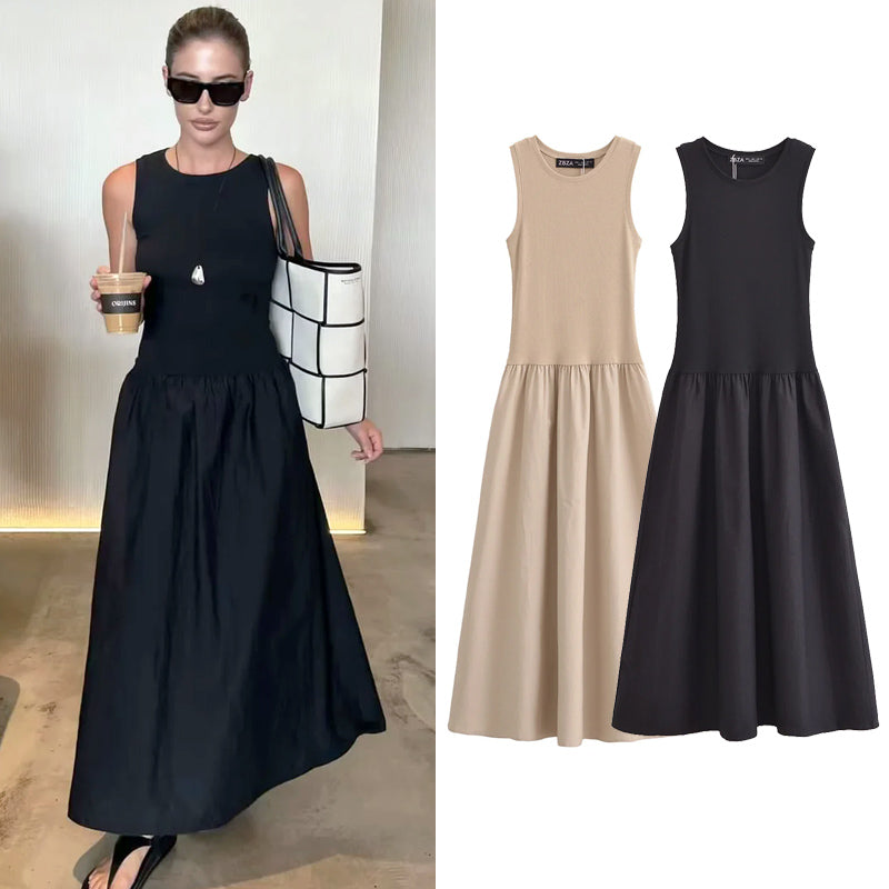 Sanna Sleeveless Cotton Midi Dress – Gathered Waist Casual Summer Dress in Beige & Black