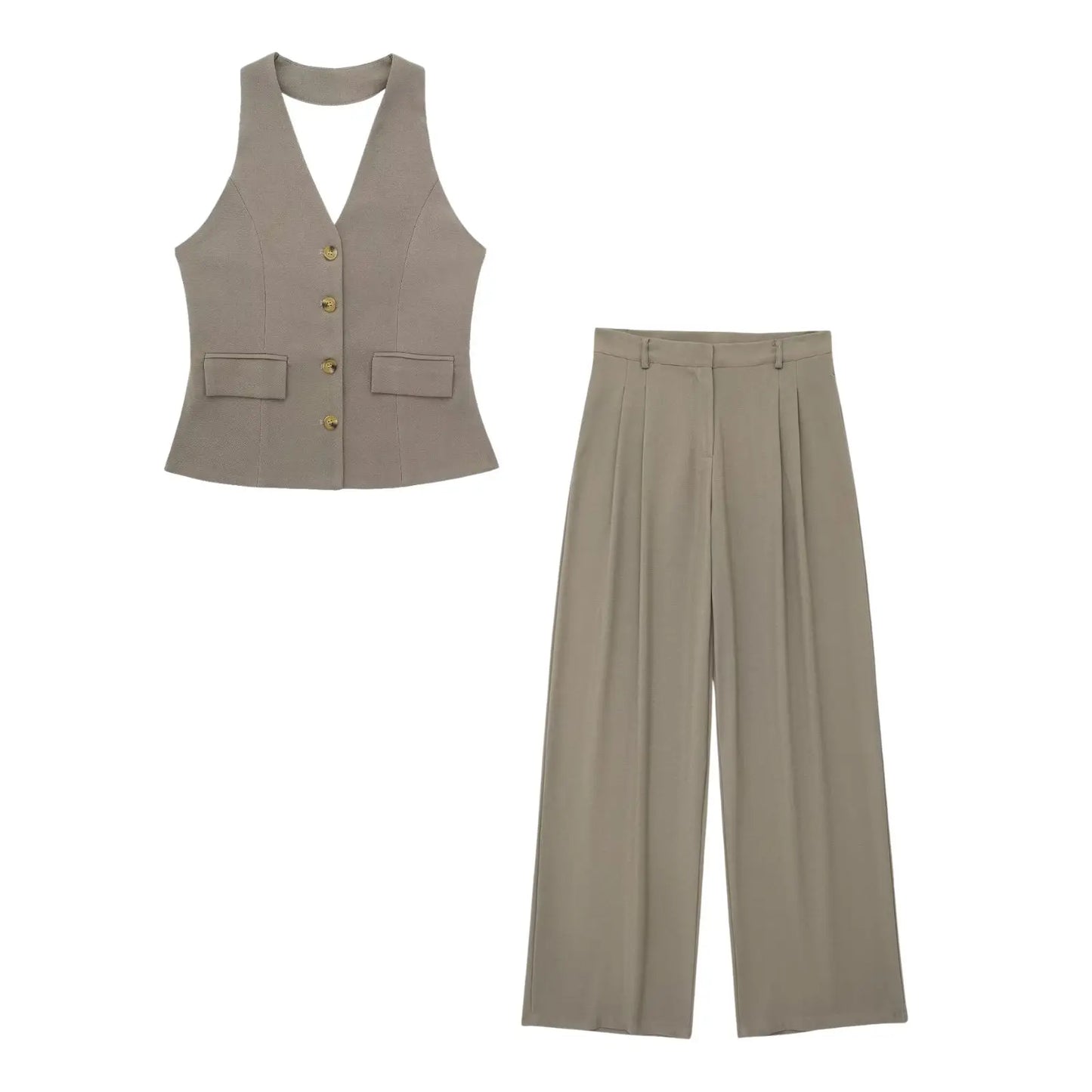 Rivana Tailored Waistcoat and Wide Leg Trouser Two Piece Set – White, Pink, Taupe and Black Sleeveless Suit Co-ord for Women