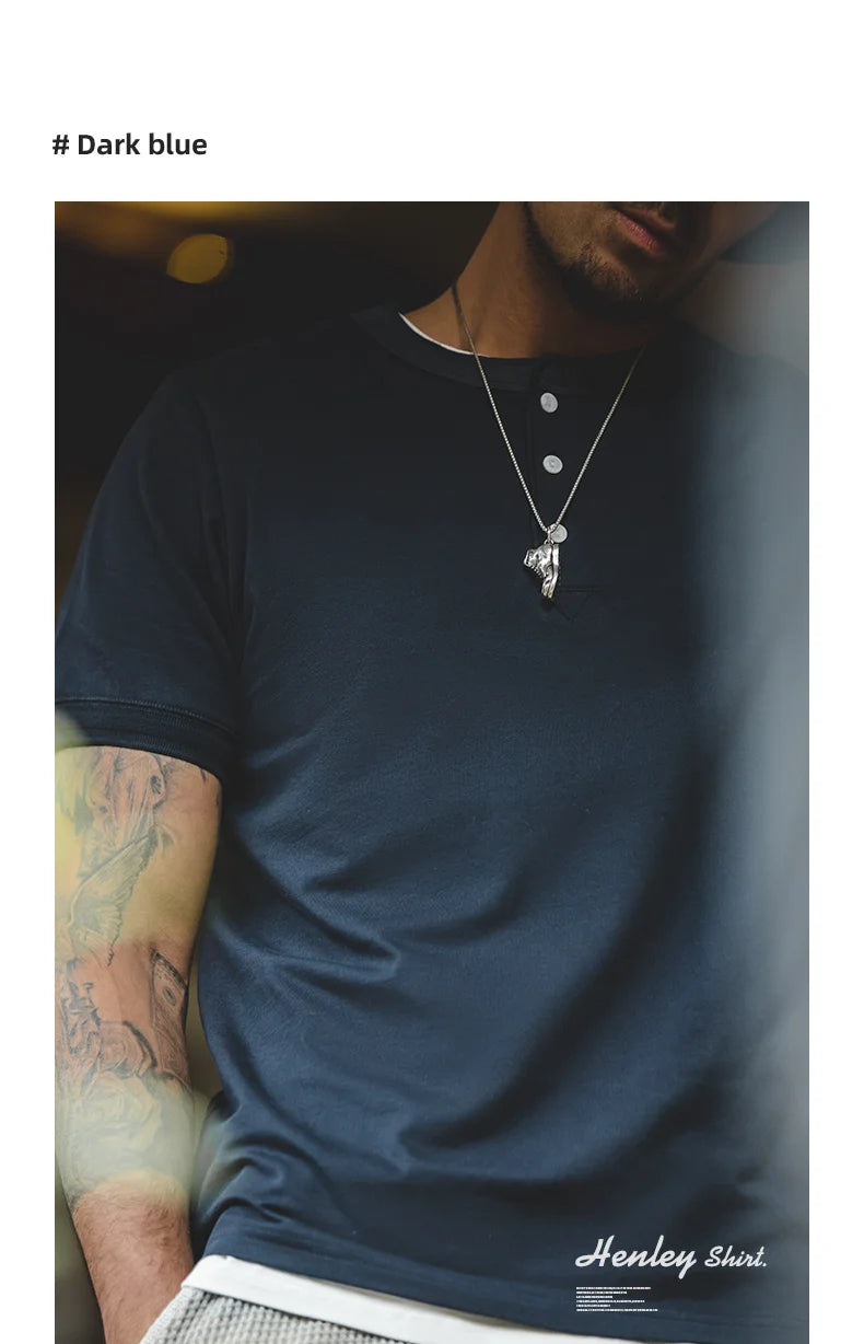 Henley Buttoned Short Sleeve T-Shirt – Premium Structured Fit Essential in Navy, Cream, Grey & Army Green