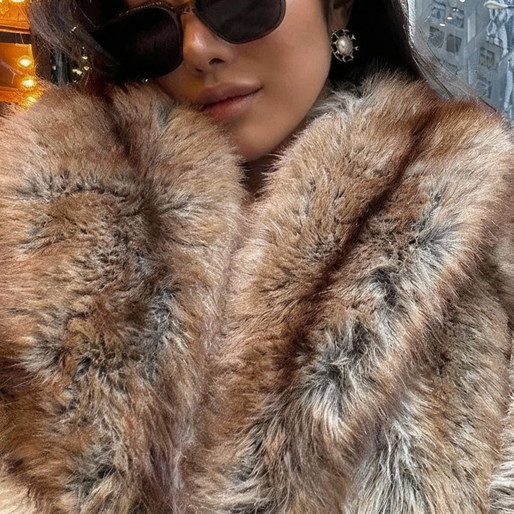 Marenza Long Plush Faux Fur Coat – Women’s Luxury Striped Faux Fox Jacket for Winter Daywear and Evening Partywear