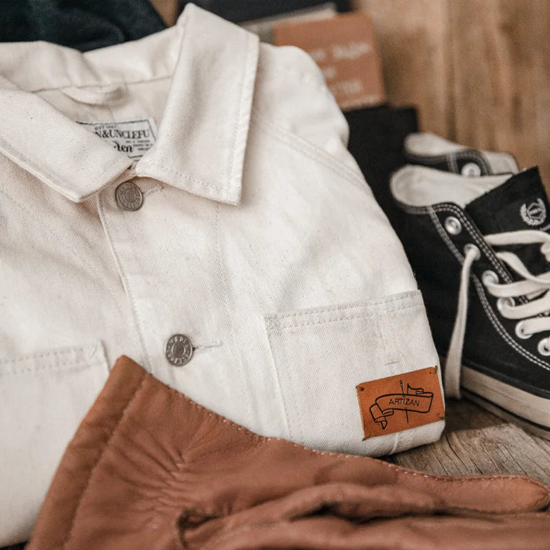 Marlowe Men’s Cream Denim Jacket – Button Up Utility Jacket with Large Pocket Detail and Classic Collar