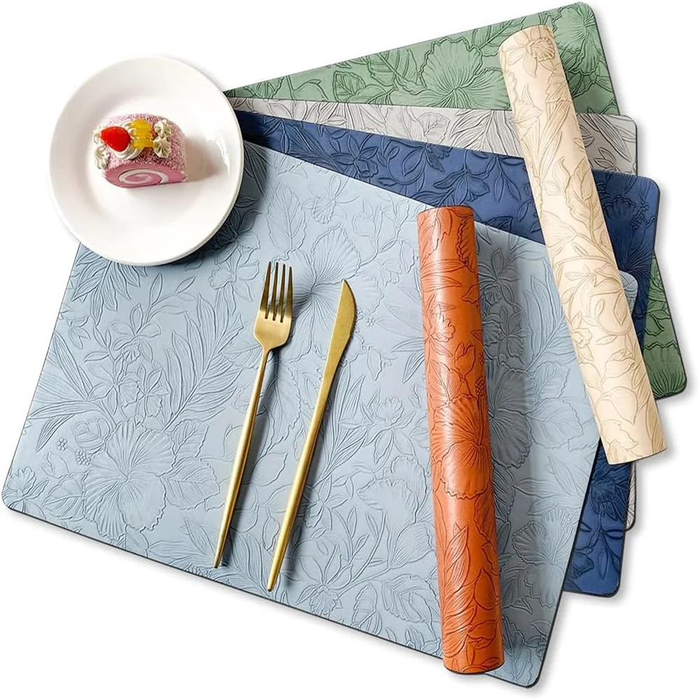 Botanical Dining Placemats – Wipe Clean Table Mats, Waterproof Non Slip Faux Leather Placemats, Double Sided Kitchen & Dining Table Mats