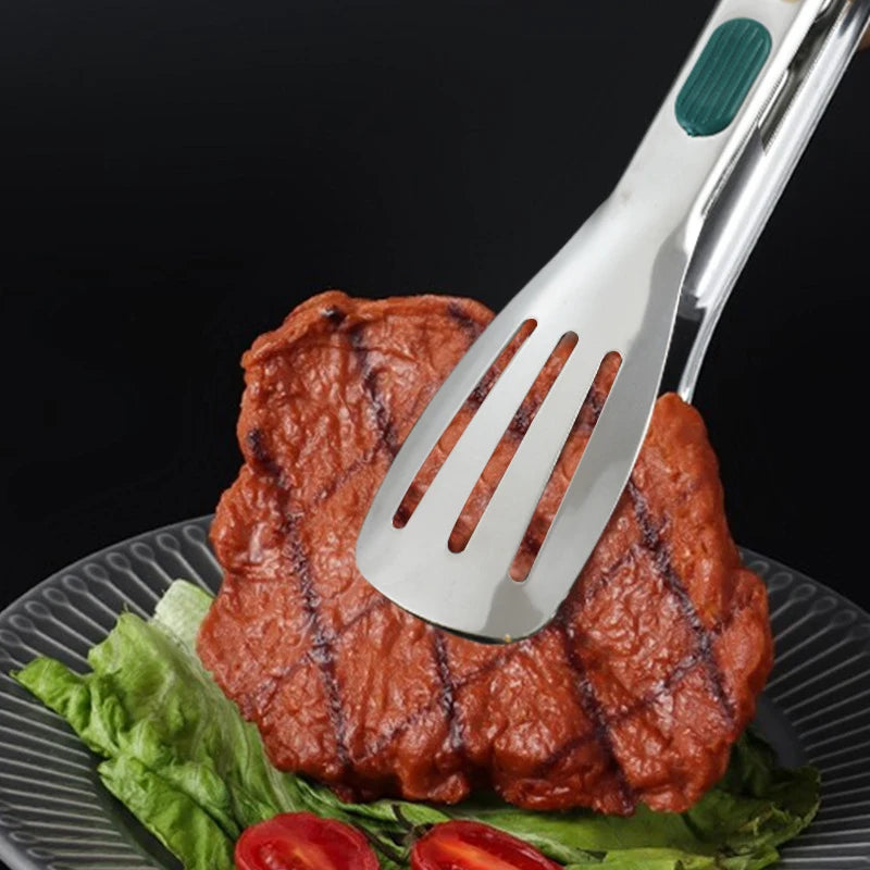 Stainless Steel BBQ Tongs With Green Wide Grip Handle – Non-Slip Kitchen & Grill Food Turner Clip