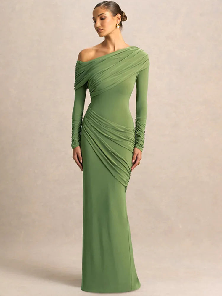 Calyssa Asymmetric One-Shoulder Ruched Maxi Dress – Long Sleeve Eveningwear & Wedding Guest Gown