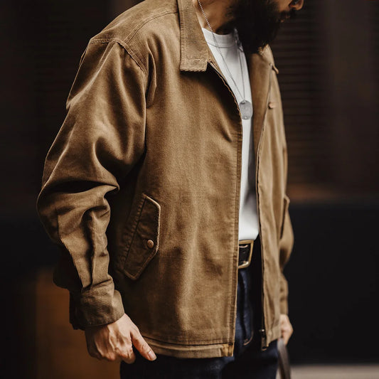 Harron Men’s Corduroy Jacket – Brown Zip Through Casual Jacket with Stand Collar and Pocket Detail