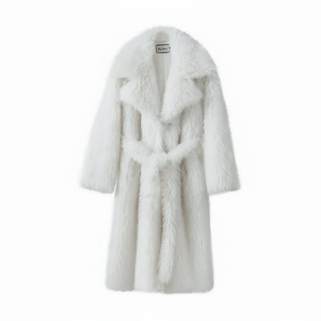 Avalora Longline Plush Faux Fur Coat – Women’s Luxury White Faux Mink Statement Winter Coat for Daywear, Evening & Occasion Looks
