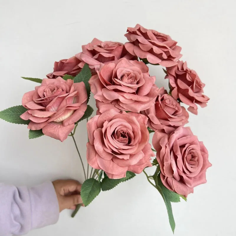 Rosara Silk Rose Bouquet – 9 Head Faux Rose Arrangement Decorative Flower Bunch