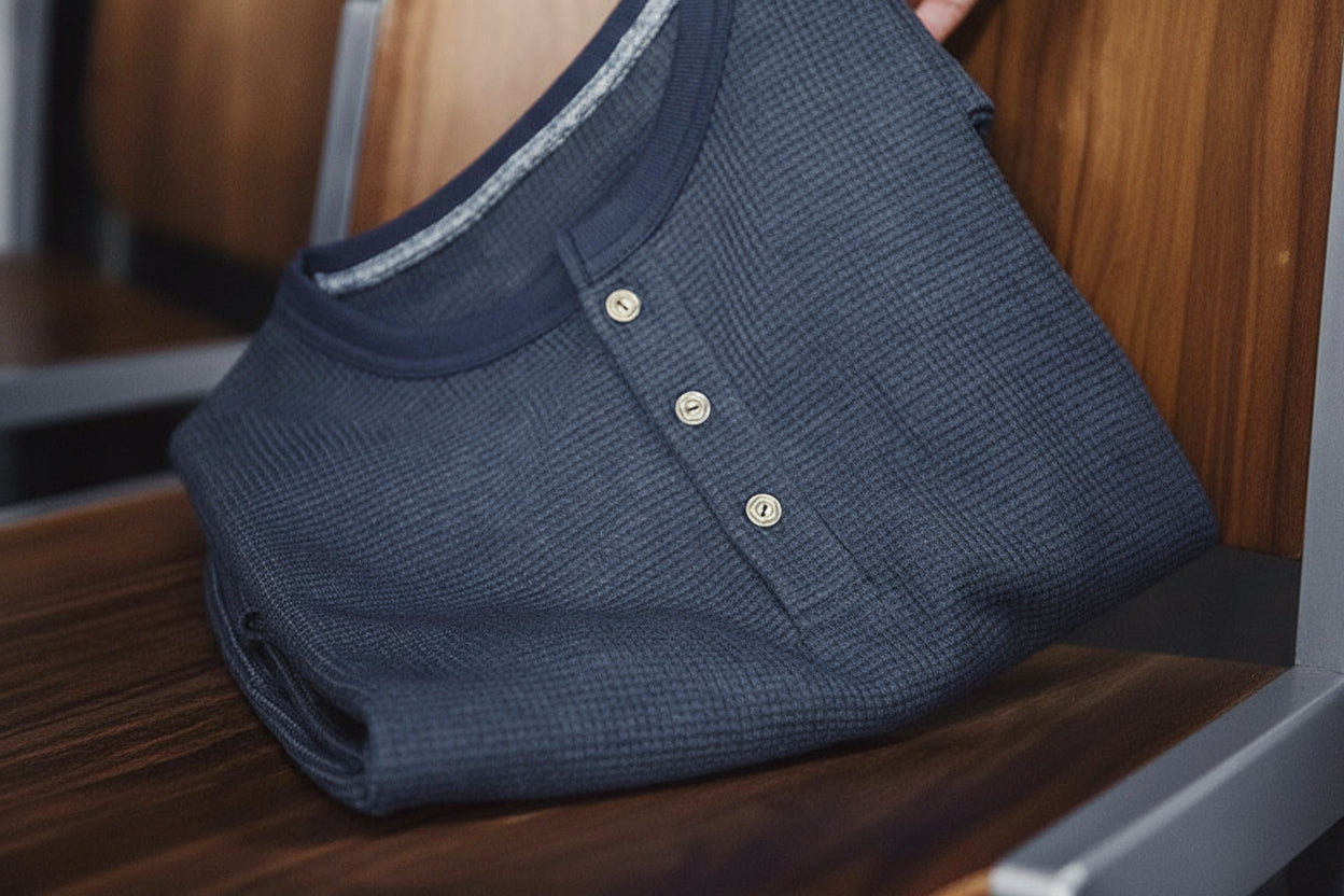 Hadley Men’s Waffle Knit Henley Top – Navy Long Sleeve Waffle T-Shirt Style Button Neck Casual Layering Top