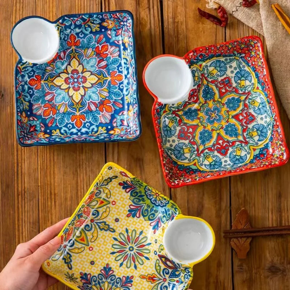 Zareli Ceramic Serving Dish with Sauce Holder – Tapas Plate for Table Serving