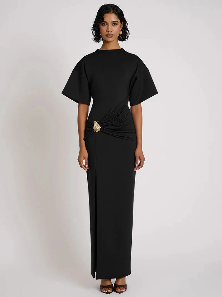 Selvyna Brooch Detail Maxi Dress with Ruched Waist and Thigh Slit – Black, Mocha Brown and White Evening Gown