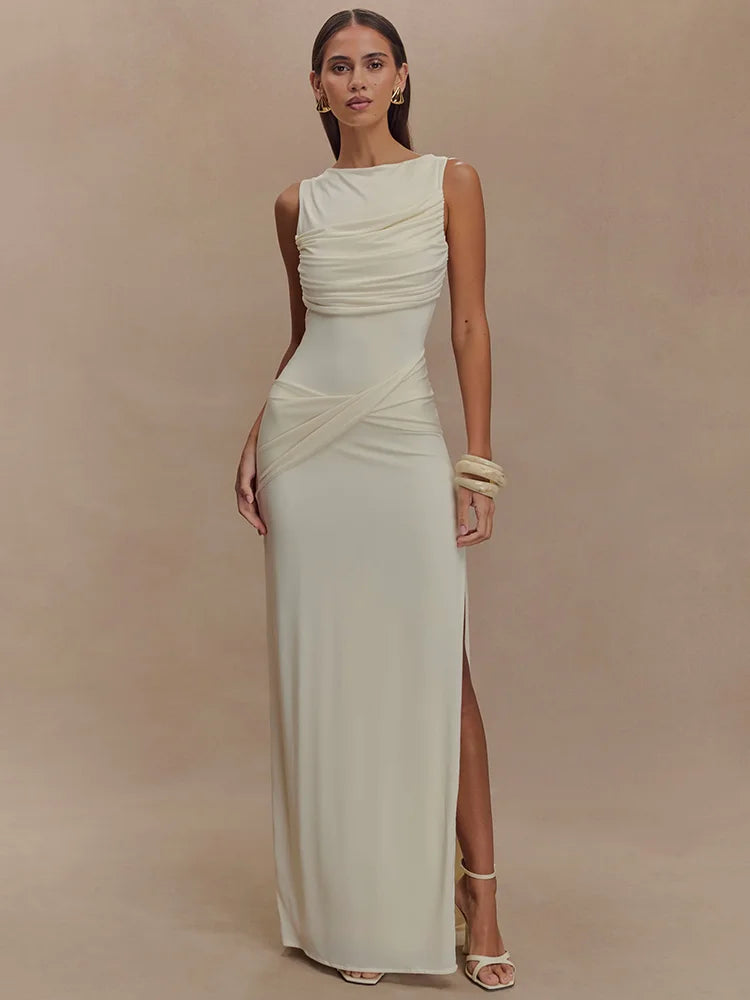 Delara Ivory Ruched Maxi Dress – Elegant Sleeveless High Slit Evening Gown for Summer Events-  Ivory, Black, Blue